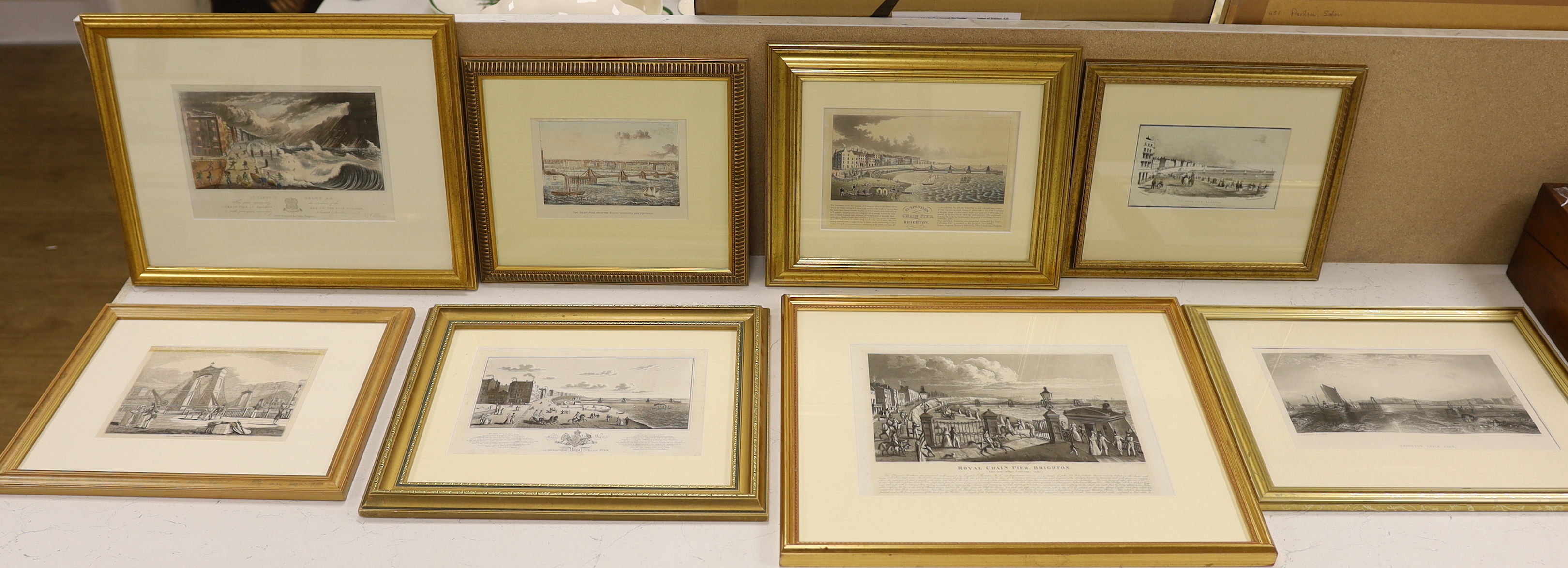 Eight 19th century engravings and prints of Brighton Chain Pier, some hand coloured, including one after Joseph Cordwell, Royal Chain Pier, Brighton, publ. 1824 and one after John Bruce